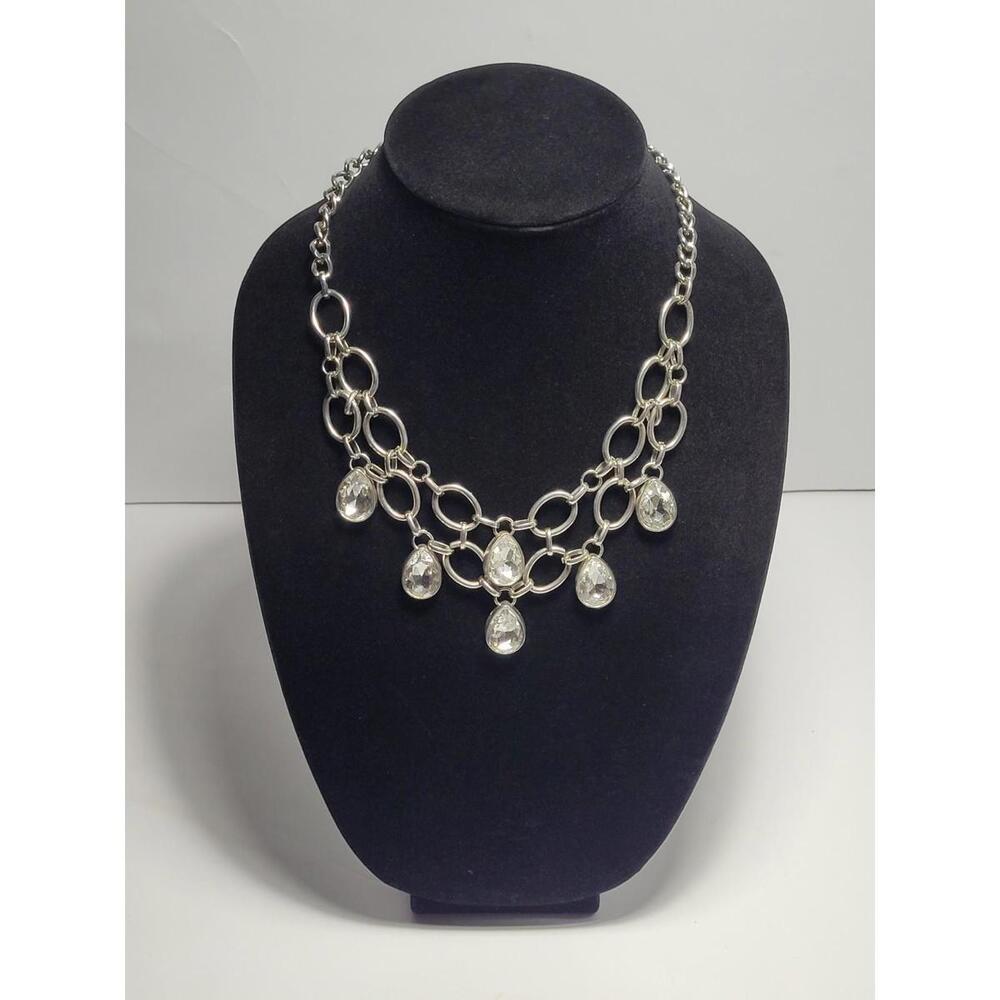 Silvertone Chainlink Necklace Teardrop Dangle Clear Faceted Rhinestone Accents
